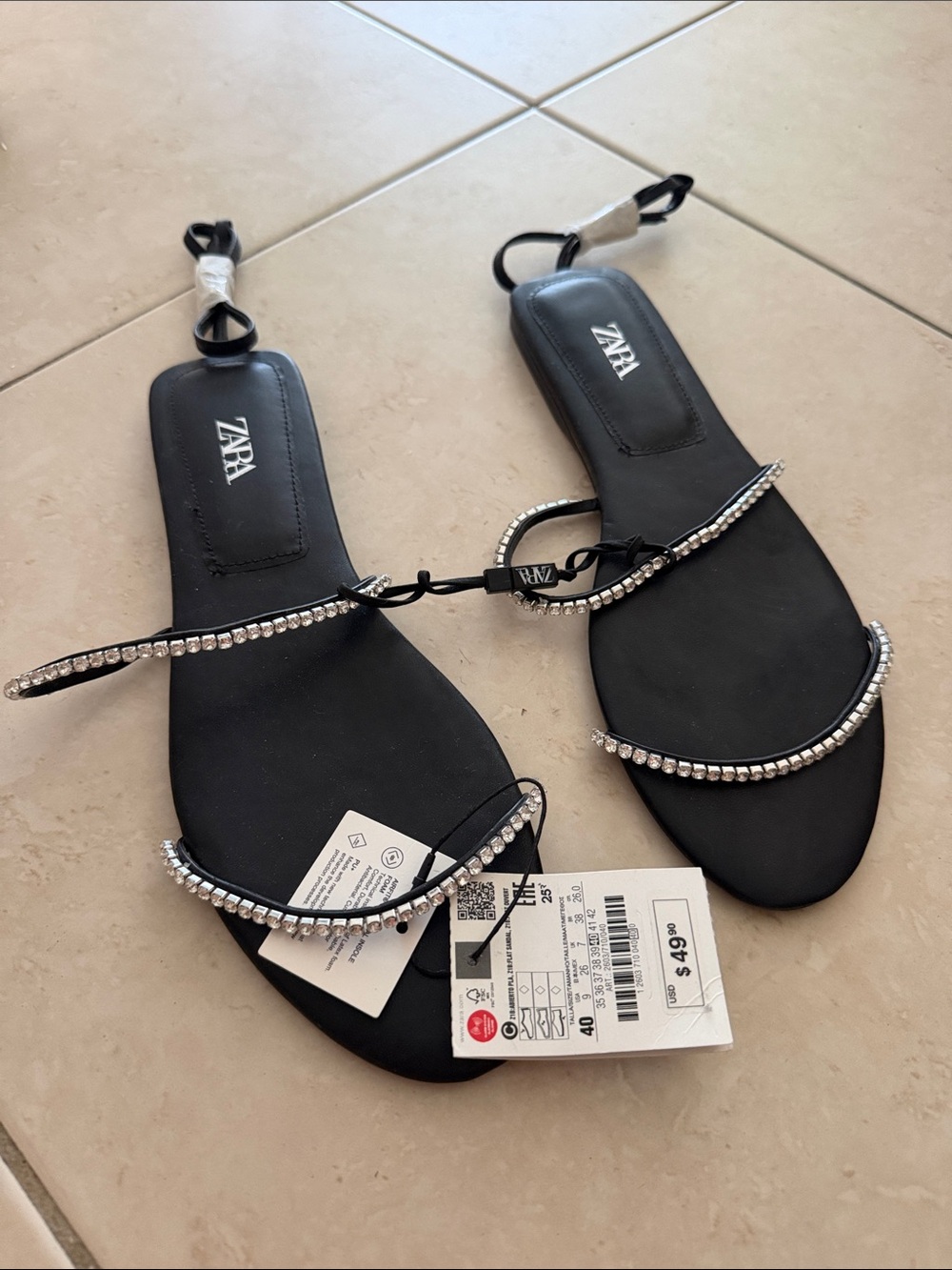ZARA Black Rhinestone-Strap Flat Sandals